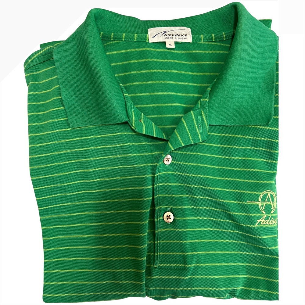 Nick Price Cool-Luxe Mens XL Green Striped Polo Shirt Adios Golf Horseshoe Korea